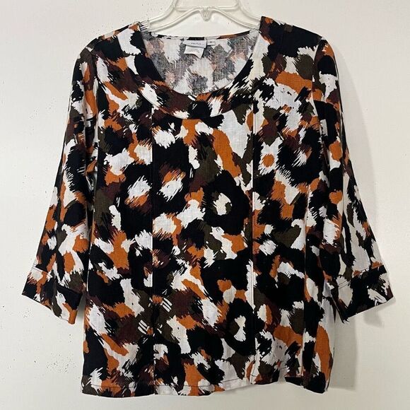 Hot Cotton Linen Top Small Boxy Lagenlook Blouse Abstract Print Black 3/4 Sleeve - Picture 1 of 6